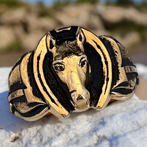 Vintage Clark and Coombs Ring Size 12 Horse & Horseshoe 18K Gold Plate Derby 14P - Picture 2 of 10